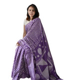 Purple linen printed saree with unstitched blouse piece, 5.5 meters length, traditional Indian wear