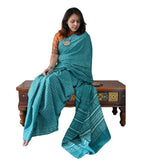 Teal linen printed saree with unstitched blouse piece, 5.5 meters length, traditional Indian wear