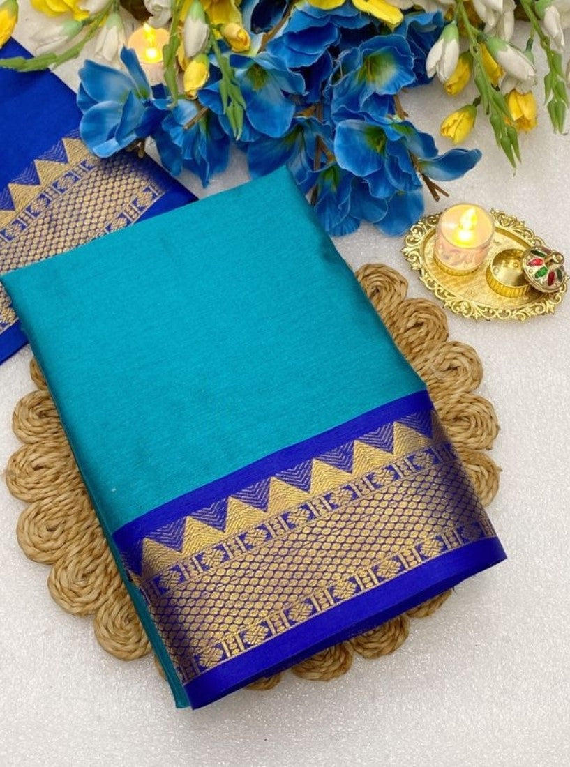 Teal and royal blue striped cotton silk saree with unstitched blouse piece, 5.5 meters length