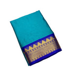Teal and royal blue striped cotton silk saree with unstitched blouse piece, 5.5 meters length