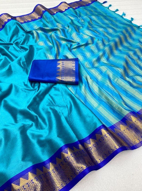 Teal and royal blue striped cotton silk saree with unstitched blouse piece, 5.5 meters length