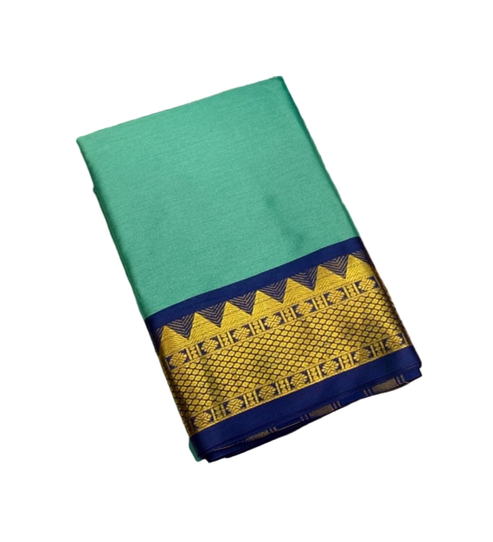Sea green and royal blue striped cotton silk saree with unstitched blouse piece, 5.5 meters length