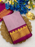 Lavender and maroon striped cotton silk saree with unstitched blouse piece, 5.5 meters length