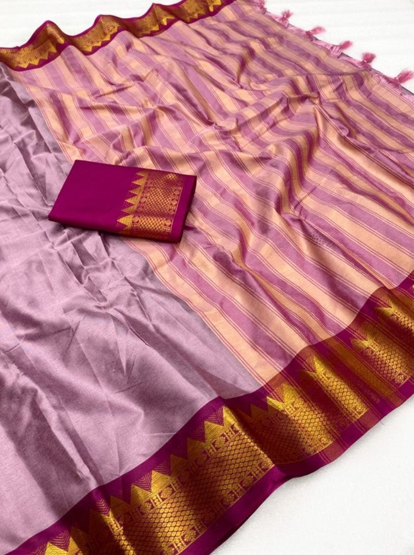 Lavender and maroon striped cotton silk saree with unstitched blouse piece, 5.5 meters length