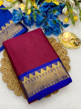 Maroon and royal blue striped cotton silk saree with unstitched blouse piece, 5.5 meters length
