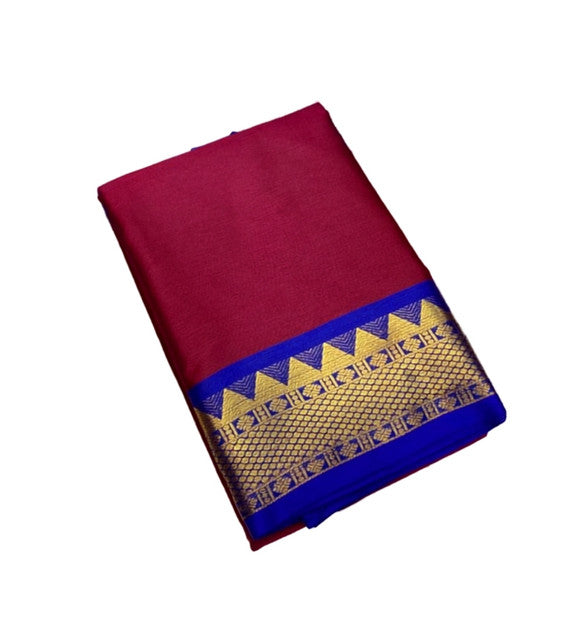 Maroon and royal blue striped cotton silk saree with unstitched blouse piece, 5.5 meters length