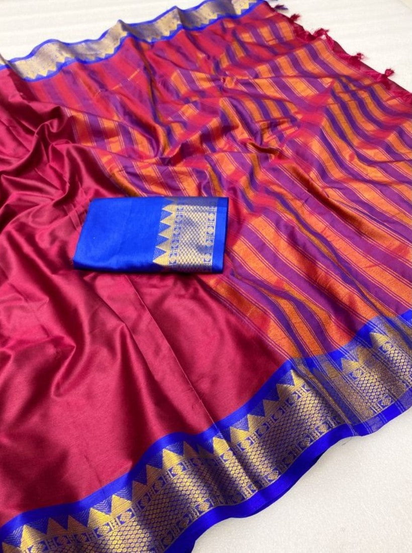 Maroon and royal blue striped cotton silk saree with unstitched blouse piece, 5.5 meters length