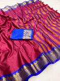 Maroon and royal blue striped cotton silk saree with unstitched blouse piece, 5.5 meters length