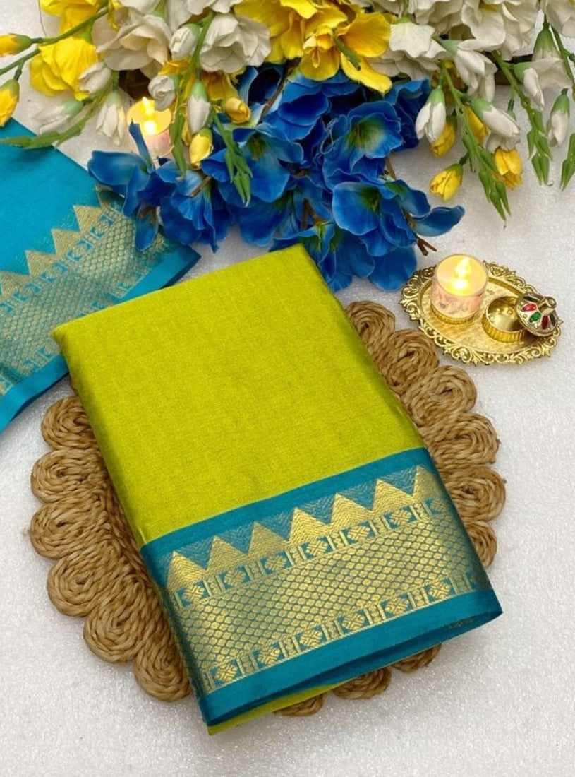 Lemon yellow and teal blue striped cotton silk saree with unstitched blouse piece, 5.5 meters length