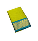 Lemon yellow and teal blue striped cotton silk saree with unstitched blouse piece, 5.5 meters length