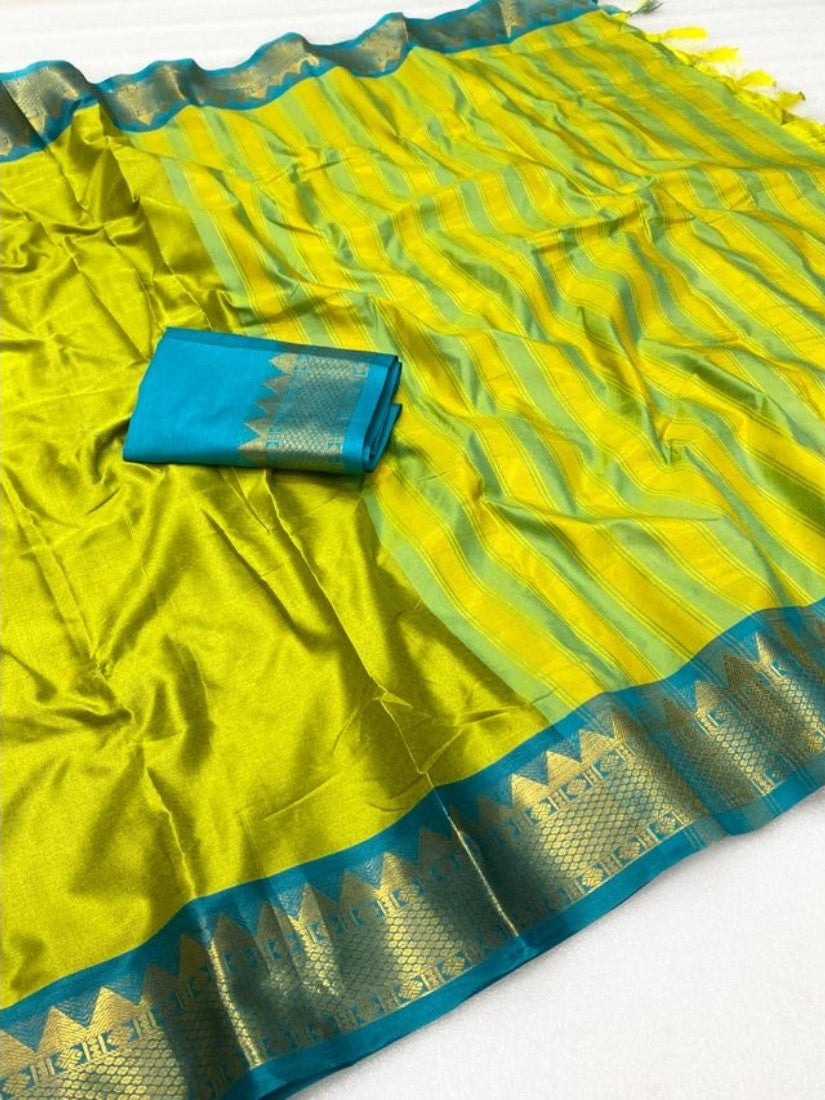 Lemon yellow and teal blue striped cotton silk saree with unstitched blouse piece, 5.5 meters length