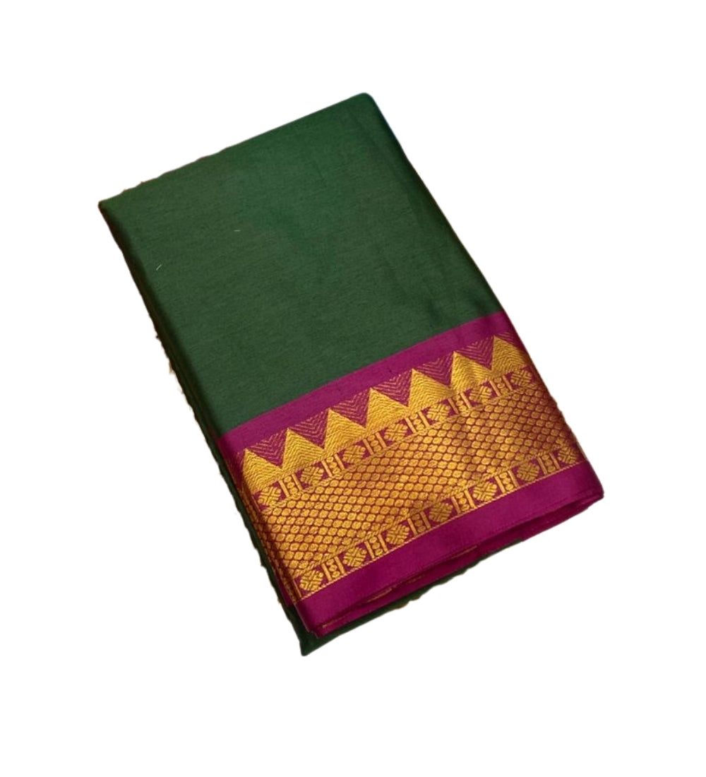 Dark green and magenta striped cotton silk saree with unstitched blouse piece, 5.5 meters length