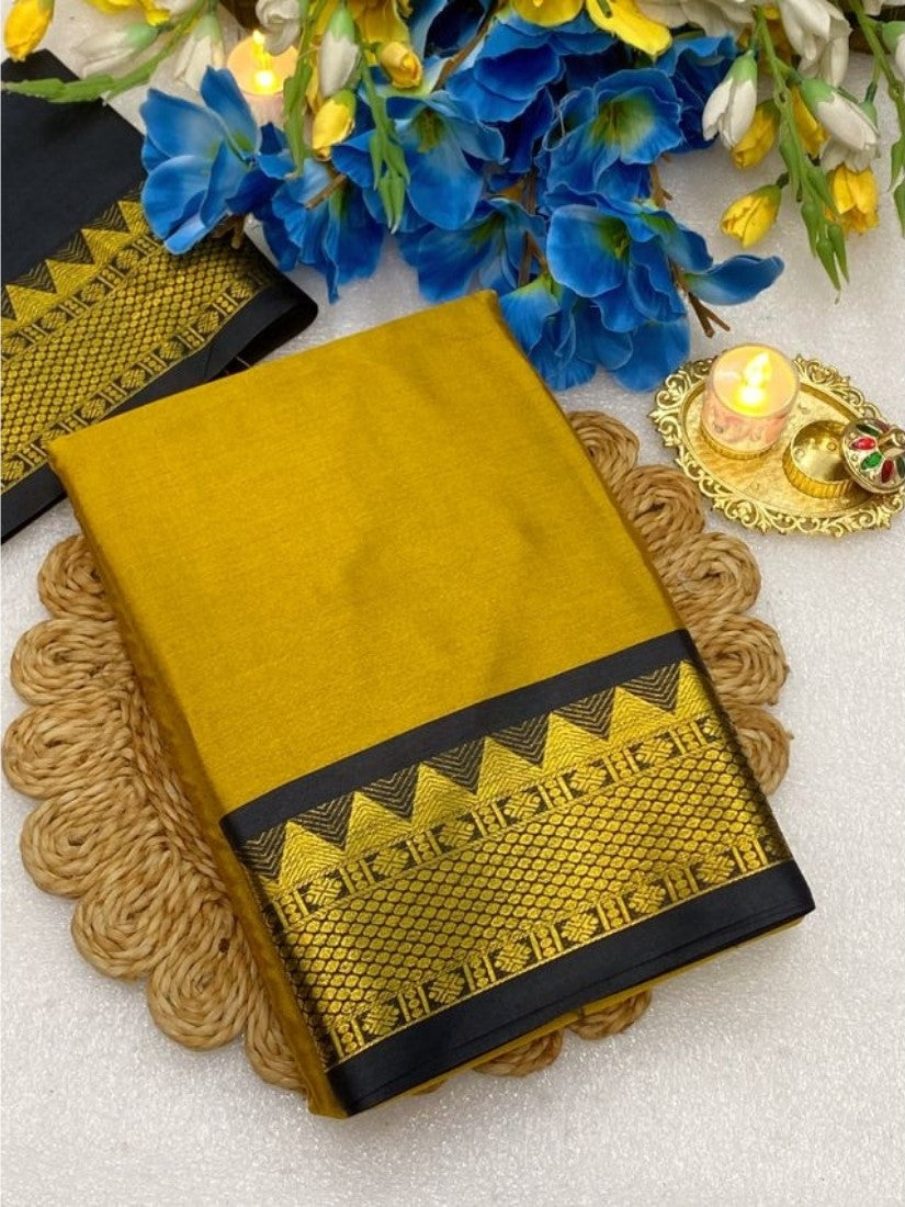 Mustard yellow and black striped cotton silk saree with unstitched blouse piece, 5.5 meters length