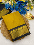 Mustard yellow and black striped cotton silk saree with unstitched blouse piece, 5.5 meters length