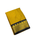 Mustard yellow and black striped cotton silk saree with unstitched blouse piece, 5.5 meters length
