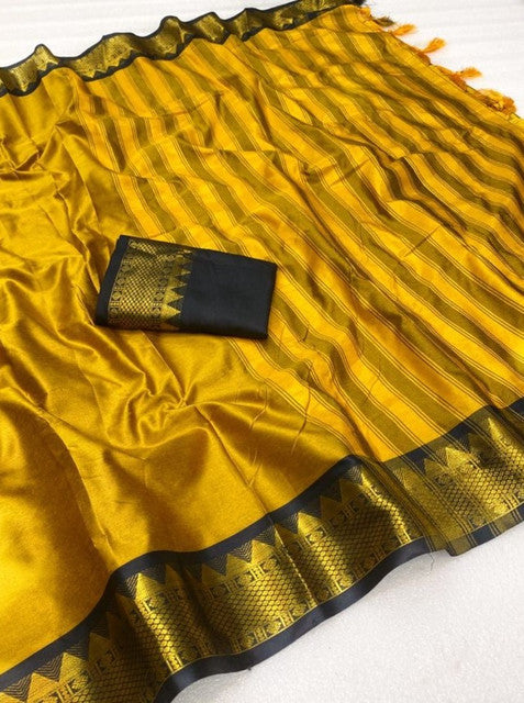 Mustard yellow and black striped cotton silk saree with unstitched blouse piece, 5.5 meters length