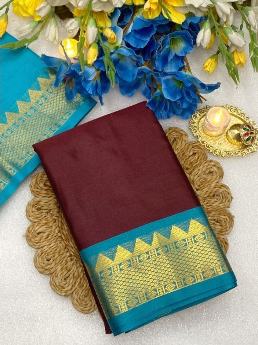 Maroon and turquoise striped cotton silk saree with unstitched blouse piece, 5.5 meters length