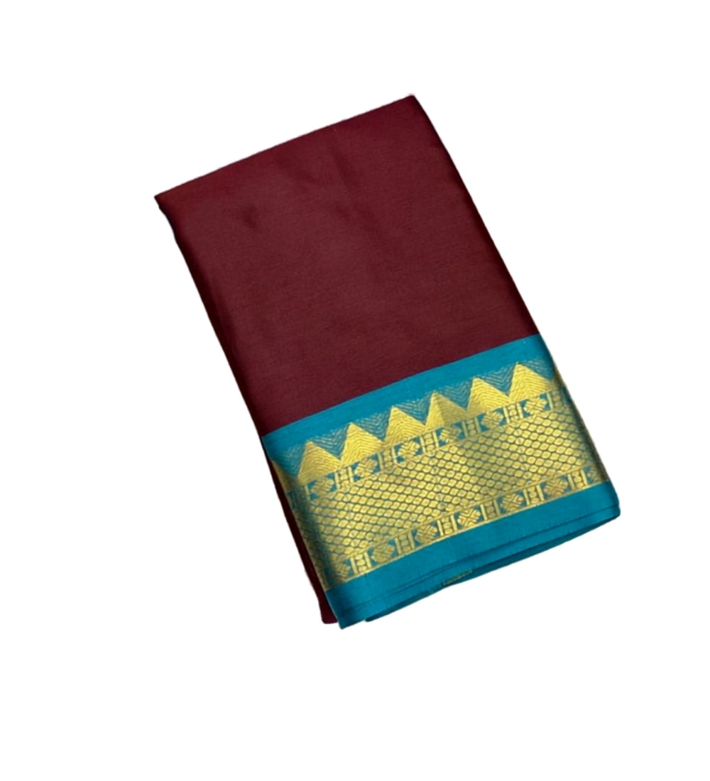 Maroon and turquoise striped cotton silk saree with unstitched blouse piece, 5.5 meters length