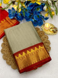 Beige and red striped cotton silk saree with unstitched blouse piece, 5.5 meters length