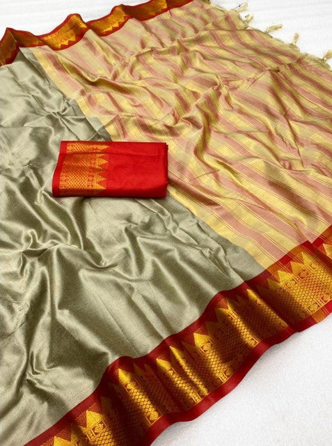 Beige and red striped cotton silk saree with unstitched blouse piece, 5.5 meters length