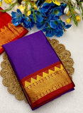 Purple-red striped cotton silk saree with unstitched blouse piece, 5.5 meters length