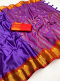 Purple-red striped cotton silk saree with unstitched blouse piece, 5.5 meters length
