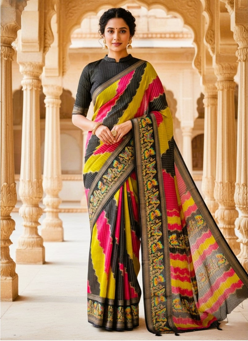 Multicolor silk Kalamkari printed saree with unstitched blouse piece, 5.5 meters length