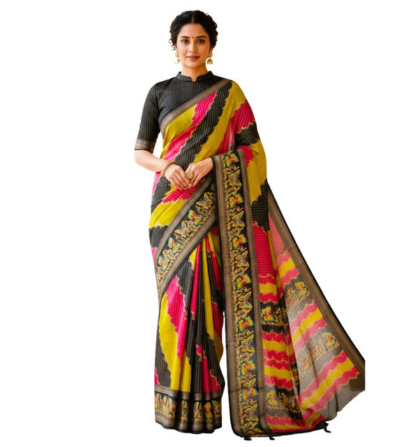 Multicolor silk Kalamkari printed saree with unstitched blouse piece, 5.5 meters length