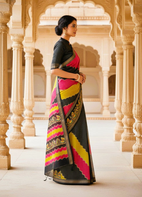 Multicolor silk Kalamkari printed saree with unstitched blouse piece, 5.5 meters length