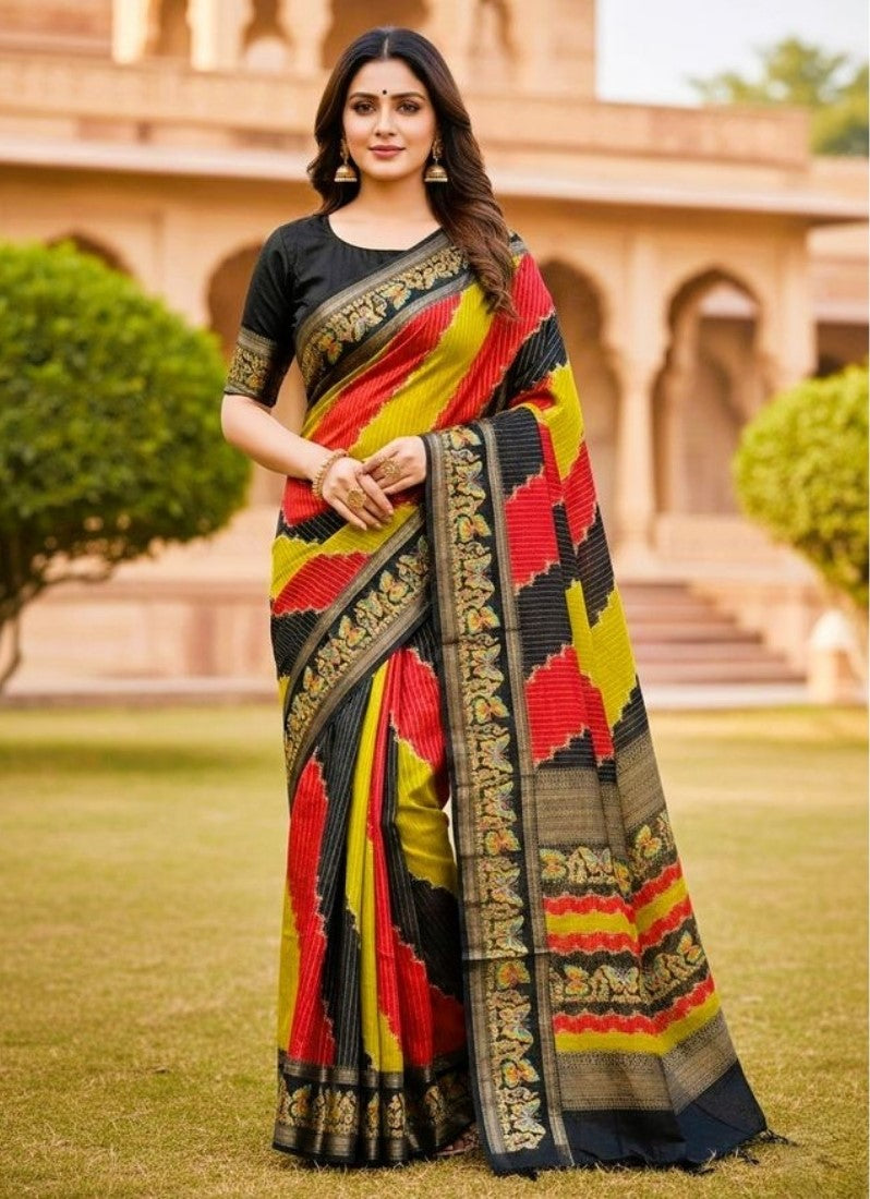 Multicolor silk Kalamkari printed saree with unstitched blouse piece, 5.5 meters length