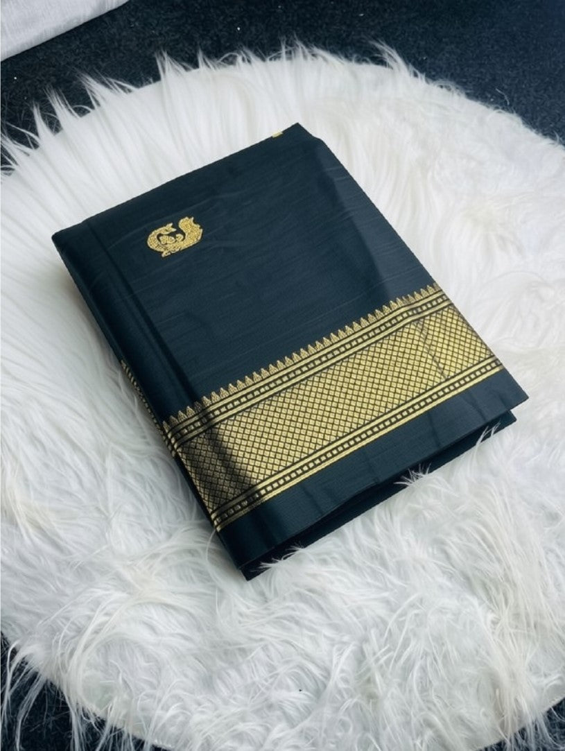 Black solid cotton silk saree with unstitched blouse piece, 5.5 meters length