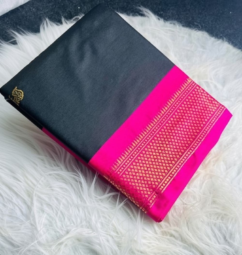 Black and pink solid cotton silk saree with unstitched blouse piece, 5.5 meters length