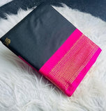 Black and pink solid cotton silk saree with unstitched blouse piece, 5.5 meters length
