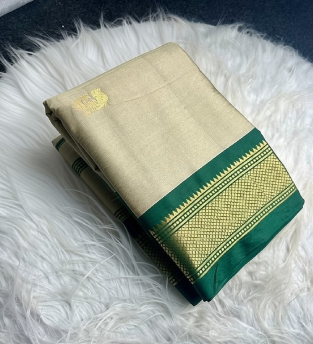 Beige-green solid cotton silk saree with unstitched blouse piece, 5.5 meters length