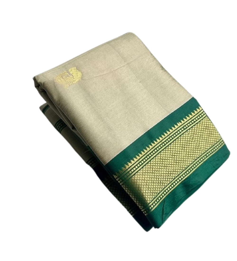 Beige-green solid cotton silk saree with unstitched blouse piece, 5.5 meters length