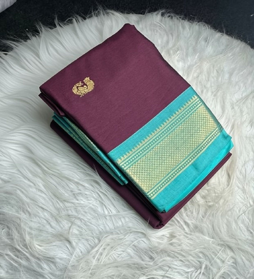 Purple-turquoise solid cotton silk saree with unstitched blouse piece, 5.5 meters length