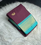 Purple-turquoise solid cotton silk saree with unstitched blouse piece, 5.5 meters length