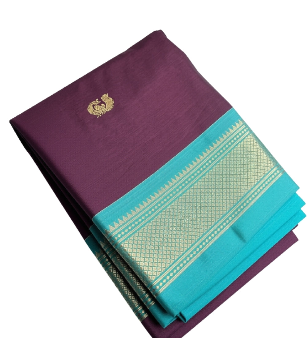 Purple-turquoise solid cotton silk saree with unstitched blouse piece, 5.5 meters length