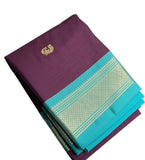 Purple-turquoise solid cotton silk saree with unstitched blouse piece, 5.5 meters length