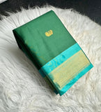 Dark green and turquoise solid cotton silk saree with unstitched blouse piece, 5.5 meters length