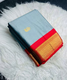 Grey-red solid cotton silk saree with unstitched blouse piece, 5.5 meters length