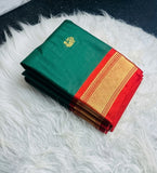 Dark green and red solid cotton silk saree with unstitched blouse piece, 5.5 meters length