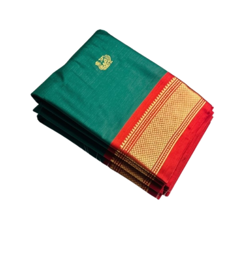 Dark green and red solid cotton silk saree with unstitched blouse piece, 5.5 meters length