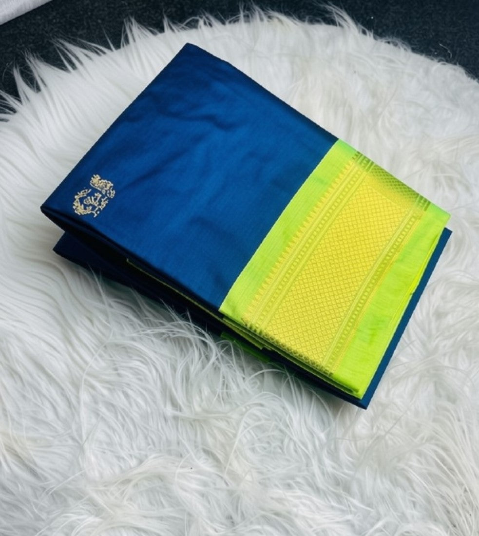 Navy blue and light green solid cotton silk saree with unstitched blouse piece, 5.5 meters length