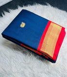 Navy blue and red solid cotton silk saree with unstitched blouse piece, 5.5 meters length