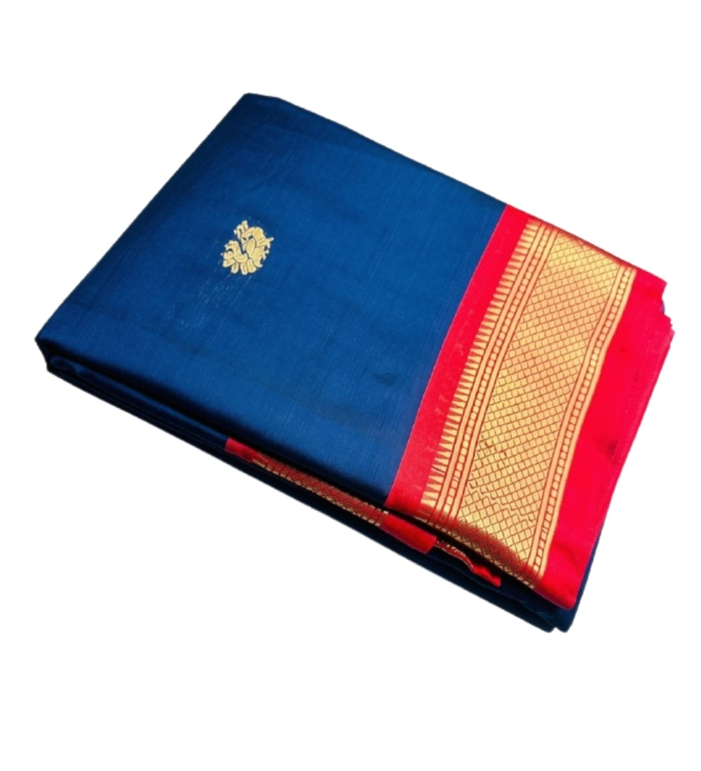 Navy blue and red solid cotton silk saree with unstitched blouse piece, 5.5 meters length