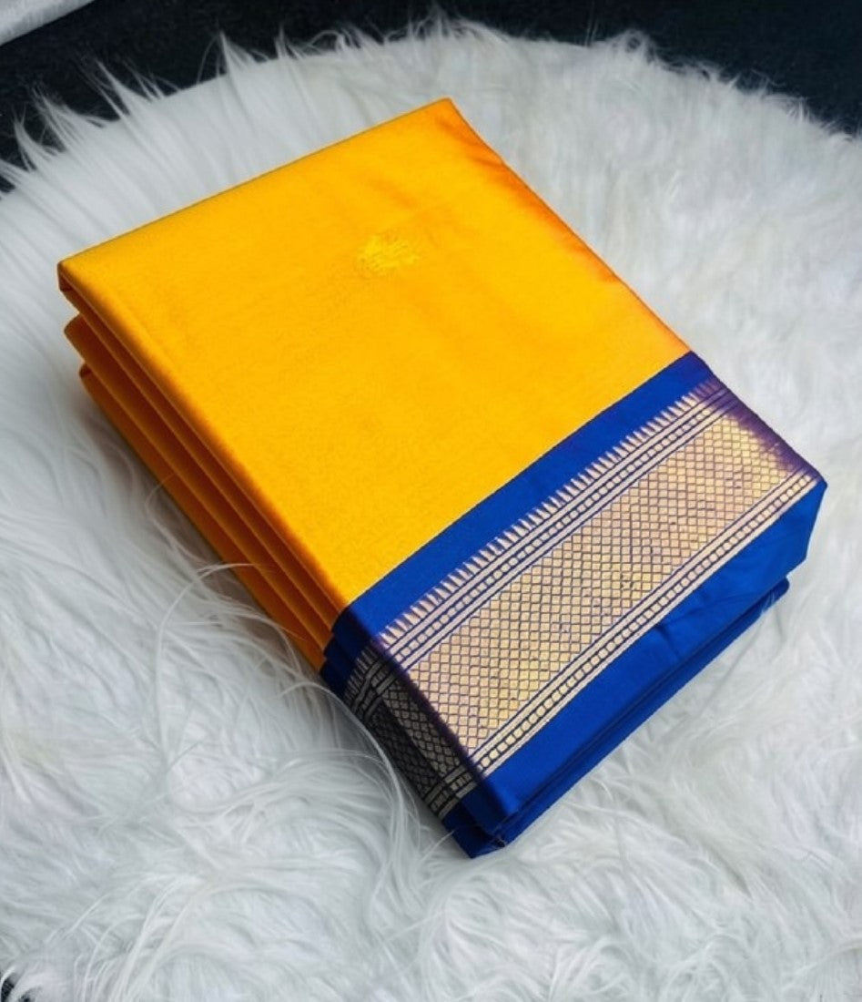 Yellow-blue solid cotton silk saree with unstitched blouse piece, 5.5 meters length
