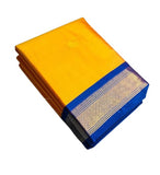 Yellow-blue solid cotton silk saree with unstitched blouse piece, 5.5 meters length