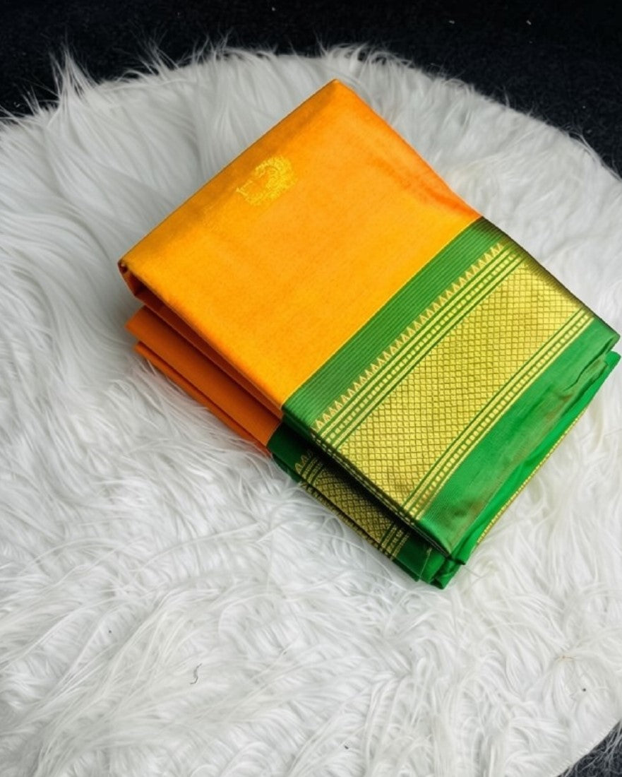 Yellow-green solid cotton silk saree with unstitched blouse piece, 5.5 meters length
