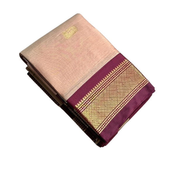 Peach-maroon solid cotton silk saree with unstitched blouse piece, 5.5 meters length